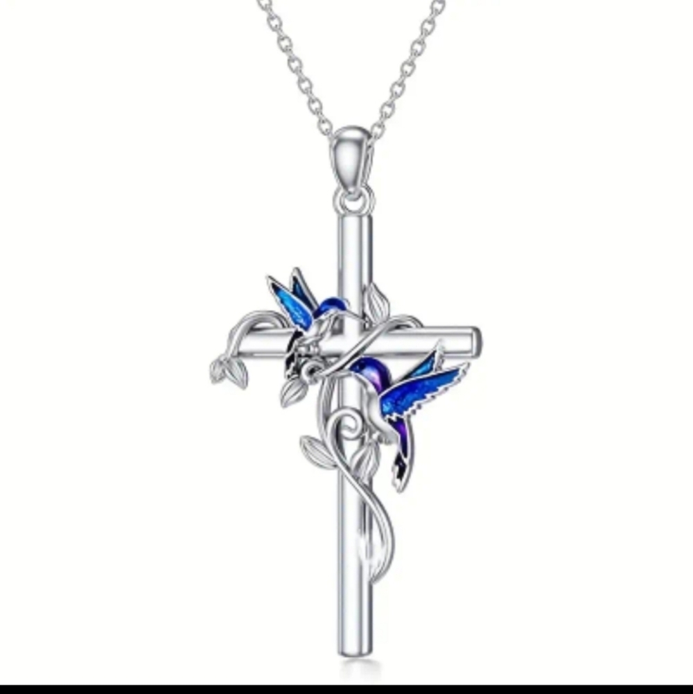 Hummingbird Cross Silver Plate Pendant Necklace